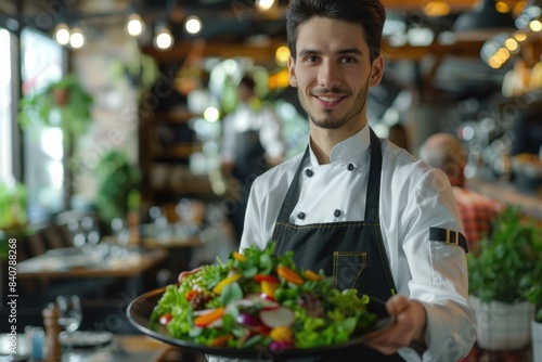 A person in an apron holding a plate of food  great for use in lifestyle and cooking related content