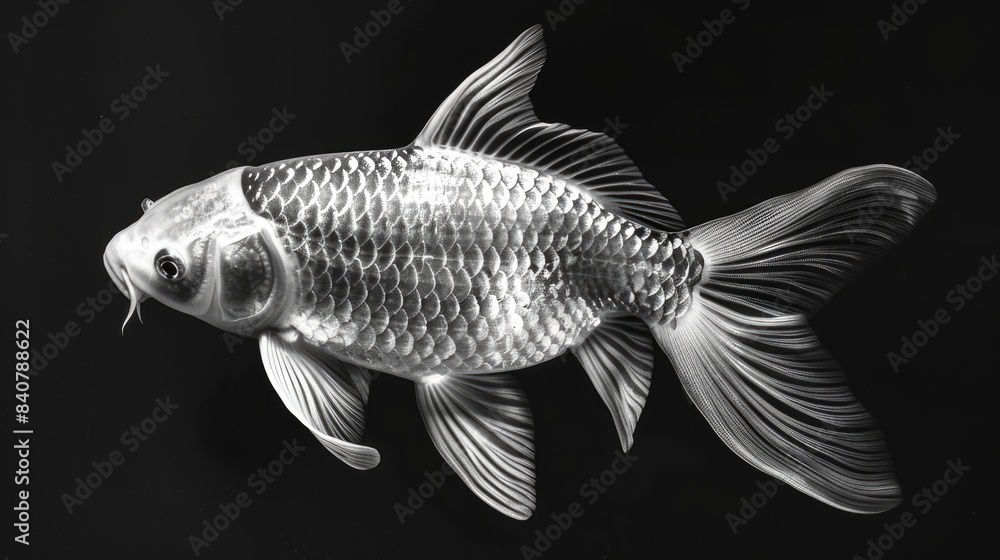 A close-up shot of a fish in monochrome tones, ideal for use in editorial or commercial contexts where a simple yet striking visual is required A close-up shot of a fish in monochrome tones, ideal for use in editorial or commercial contexts where a simple yet striking visual is required
