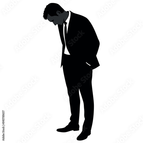 Businessman standing and looking down vector silhouette isolated white background