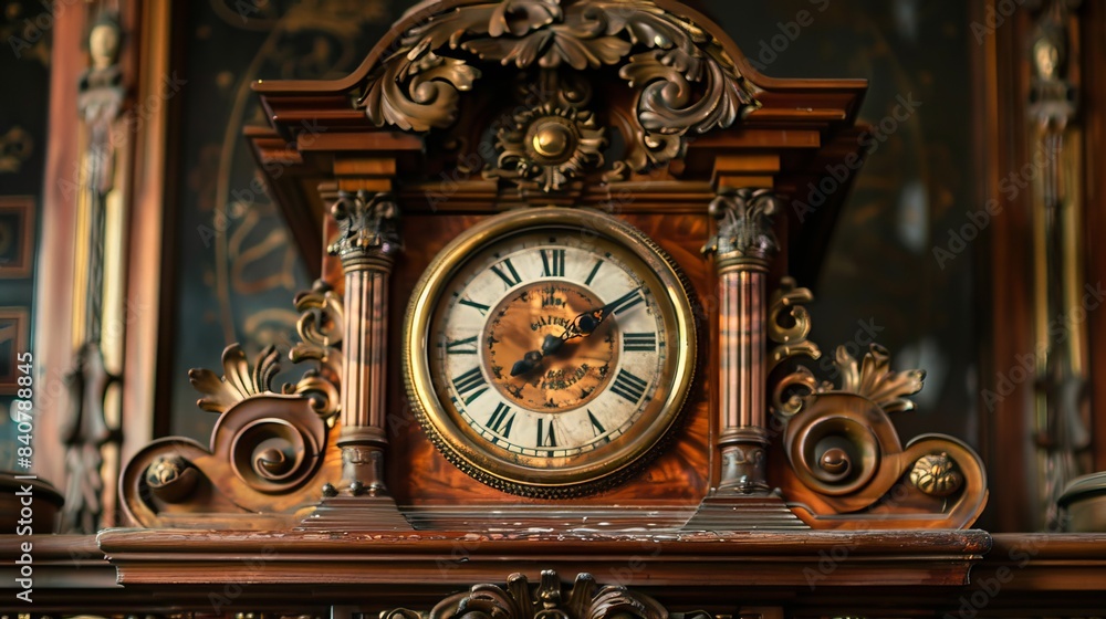 Old Clock: An antique mantle clock, adorned with carved wooden details and gold plating, is elegantly displayed Old Clock: An antique mantle clock, adorned with carved wooden details and gold plating, is elegantly displayed