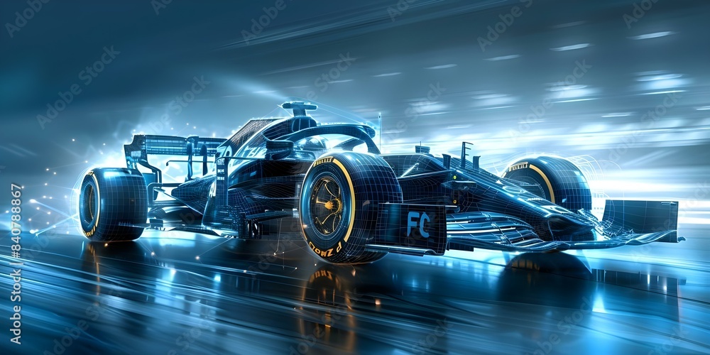 Futuristic wireframe F1 racing car on blue background for Augmented Reality. Concept Augmented Reality, Futuristic Design, F1 Racing Car, Wireframe, Blue Background
