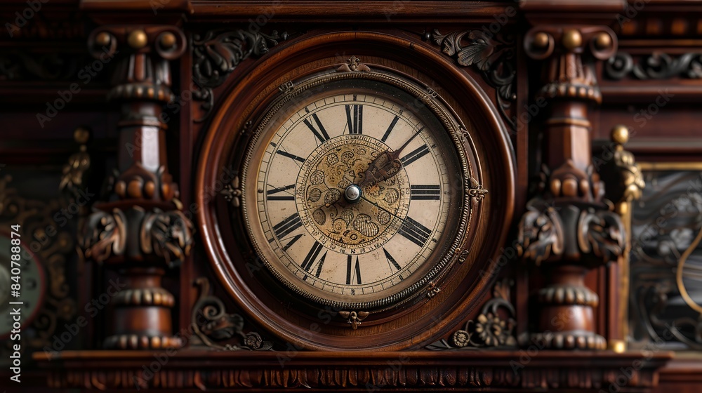 Old Clock: An antique mantle clock, adorned with carved wooden details and gold plating, is elegantly displayed Old Clock: An antique mantle clock, adorned with carved wooden details and gold plating, is elegantly displayed