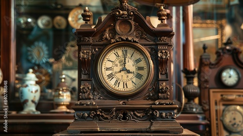 Old Clock: An antique mantle clock, adorned with carved wooden details and gold plating, is elegantly displayed