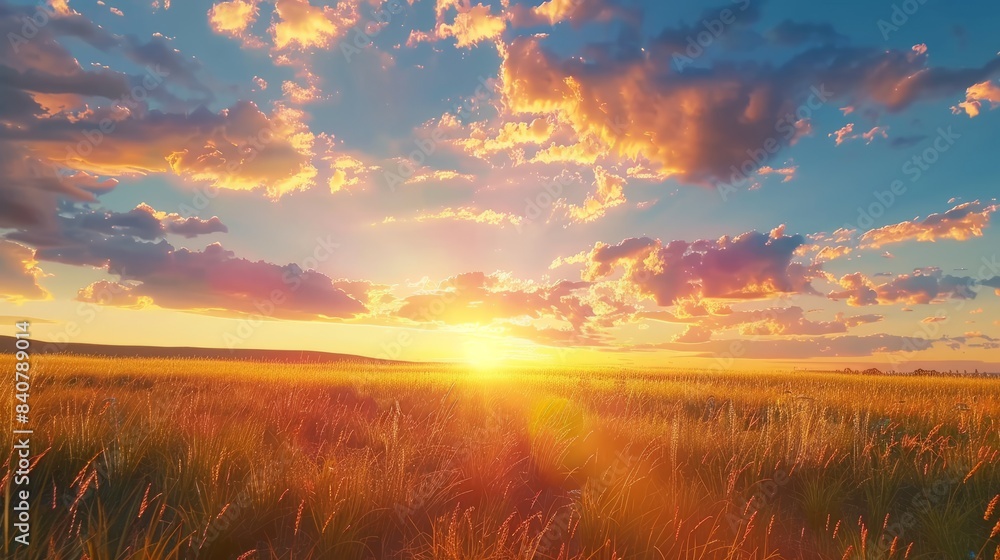 Fototapeta premium Sunset over the field - Captivating 4K time-lapse: majestic sunrise/sunset landscape with stunning nature's light and rolling colorful clouds, Generative AI hyper realistic 