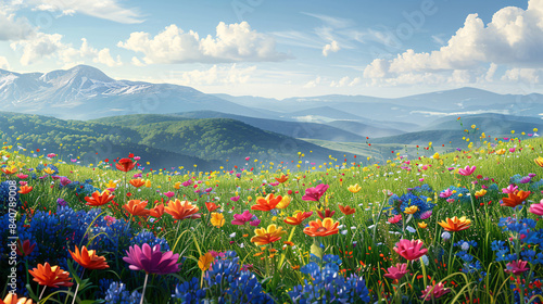 Meadow Dynamic Wildflower Scene with Rolling Hills.