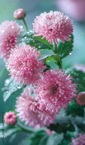 Close-up of pink fluffy chrysanthemum flowers with water drops. Flower photography concept.