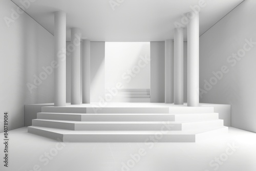 A simple interior space with white steps and columns