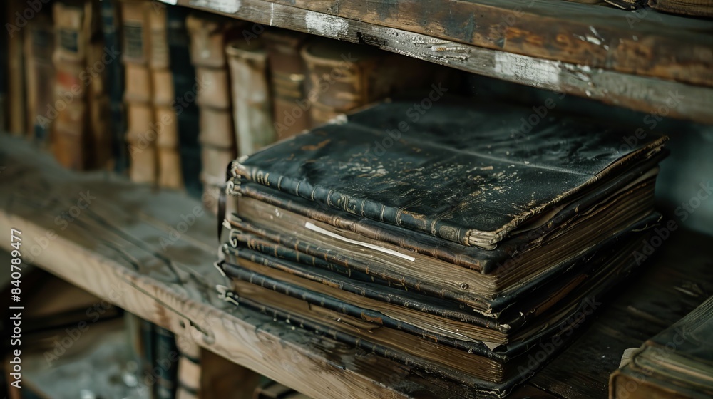 Ancient Book: A weathered leather-bound book, with pages bearing the marks of years, sits among old wooden shelves Ancient Book: A weathered leather-bound book, with pages bearing the marks of years, sits among old wooden shelves