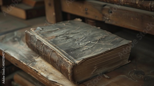 Ancient Book: A weathered leather-bound book, with pages bearing the marks of years, sits among old wooden shelves © shaiq