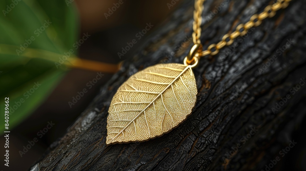 Obraz premium a golden necklace featuring a white stone leaf pendant delicately hanging from a tree branch, isolated against a dark grey background, crafting a scene of timeless sophistication.