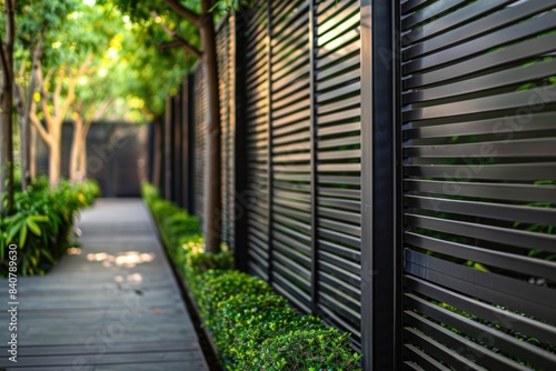 A serene outdoor scene featuring a walkway flanked by a wooden fence and lush greenery