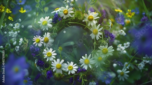 Beautiful floral circlet with chamomile and violet bluebel