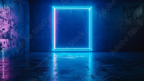 Large blue neon light glowing blank picture frame in a dark empty room, perfect for event posters, advertising, and fashion product displays