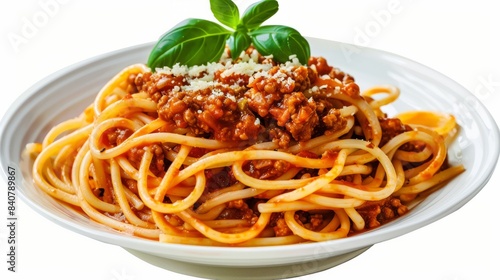 Fototapeta Vegan spaghetti bolognese on isolated transparent background, png. Generative AI hyper realistic 