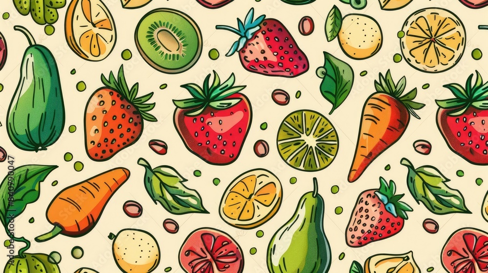 A whimsical fruit and vegetable pattern in a seamless design set against a backdrop of cheerful cartoon 2ds exuding a charming hand drawn aesthetic A whimsical fruit and vegetable pattern in a seamless design set against a backdrop of cheerful cartoon 2ds exuding a charming hand drawn aesthetic