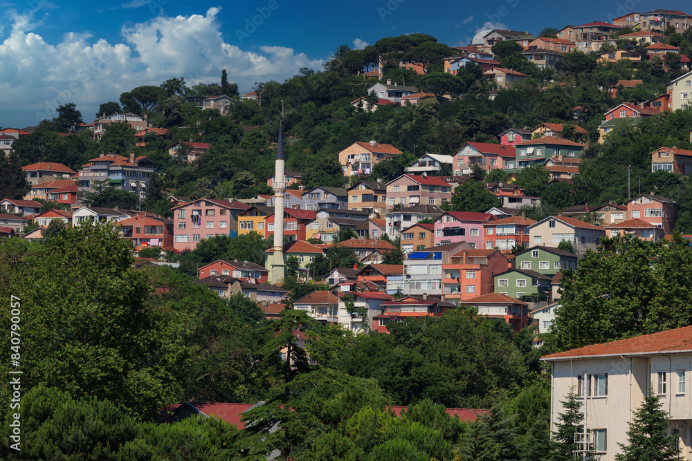 Fototapeta premium Southern cityscape, view of buildings and houses with green plants in public places in Turkey, sunny summer day in the city of Istanbul