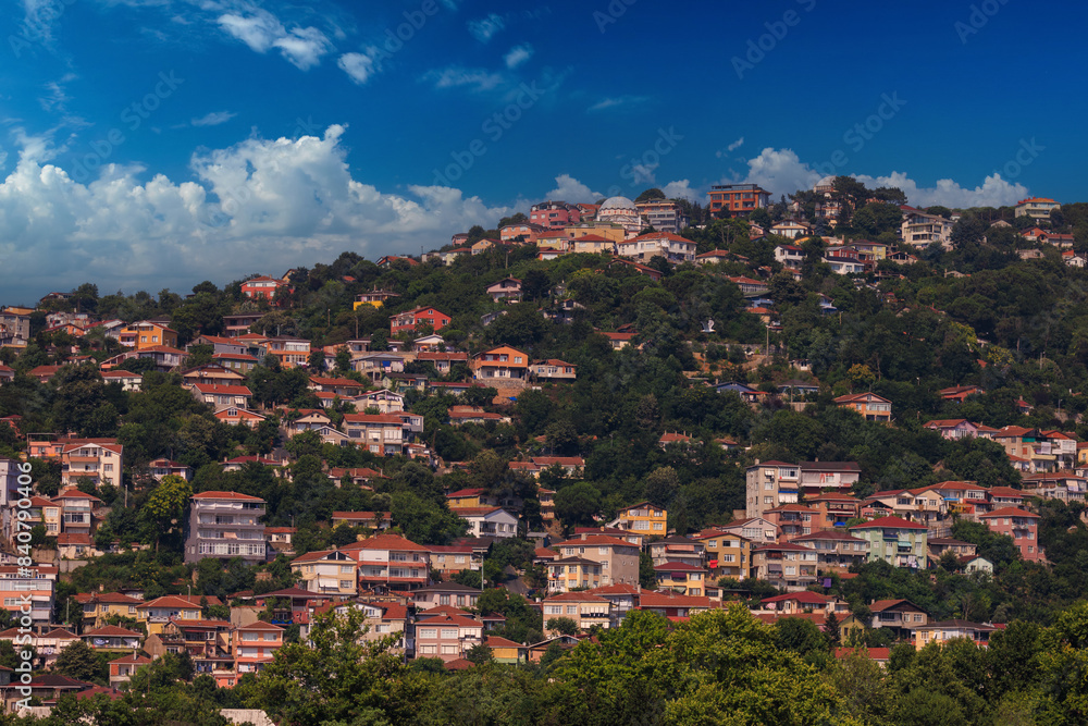 Fototapeta premium Southern cityscape, view of buildings and houses with green plants in public places in Turkey, sunny summer day in the city of Istanbul