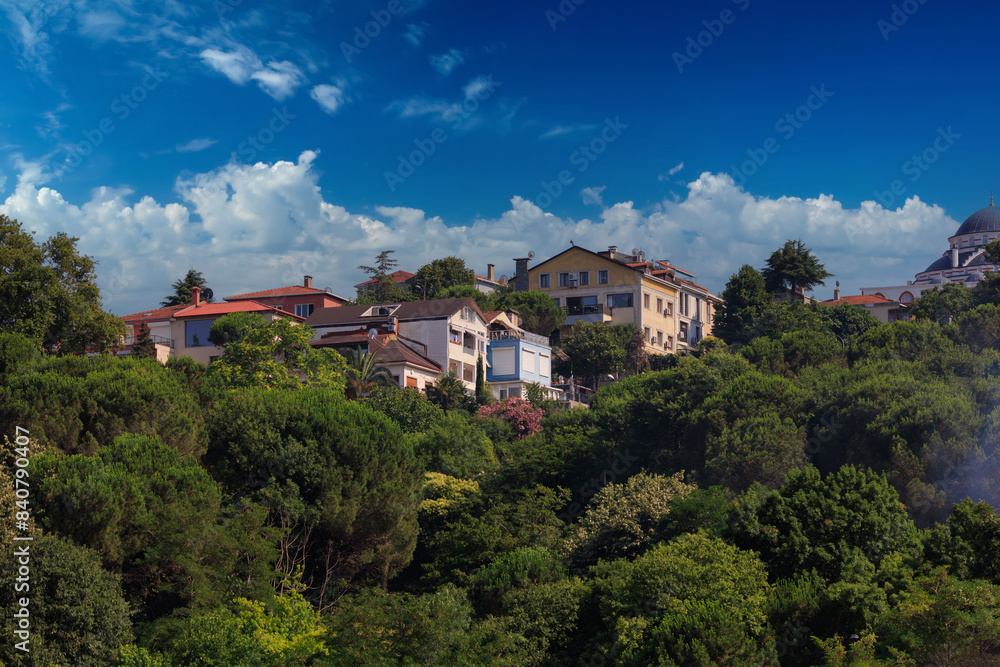 Southern cityscape, view of buildings and houses with green plants in public places in Turkey, sunny summer day in the city of Istanbul Southern cityscape, view of buildings and houses with green plants in public places in Turkey, sunny summer day in the city of Istanbul