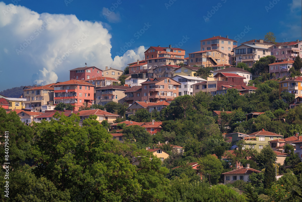 Obraz premium Southern cityscape, view of buildings and houses with green plants in public places in Turkey, sunny summer day in the city of Istanbul