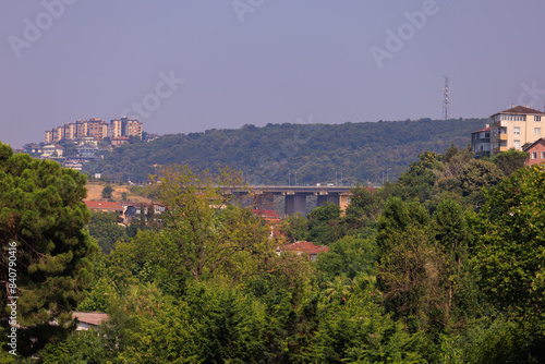 Southern cityscape, view of buildings and houses with green plants in public places in Turkey, sunny summer day in the city of Istanbul