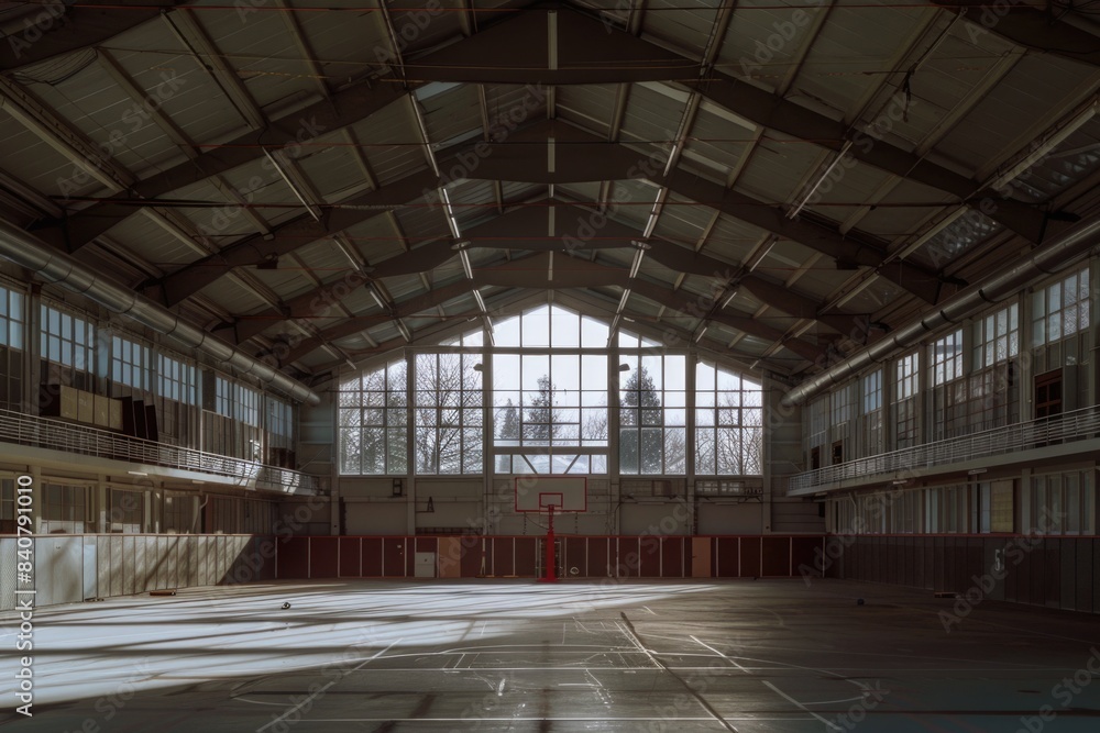 A large indoor basketball court with no players or equipment A large indoor basketball court with no players or equipment