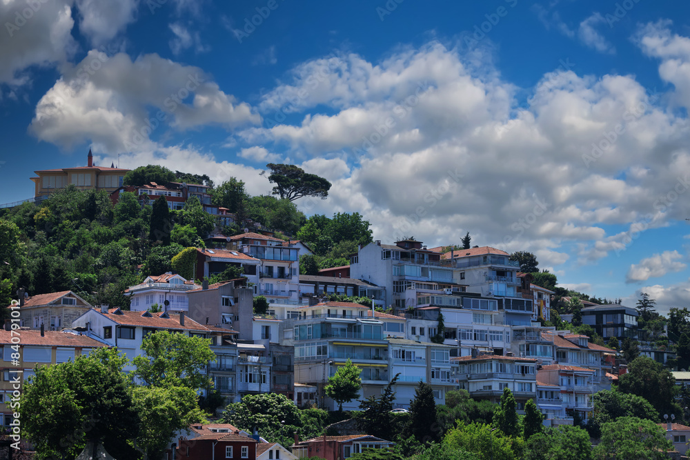Obraz premium Cityscape, view of buildings and houses with green plants in public places in Turkey, sunny summer day in the city of Istanbul