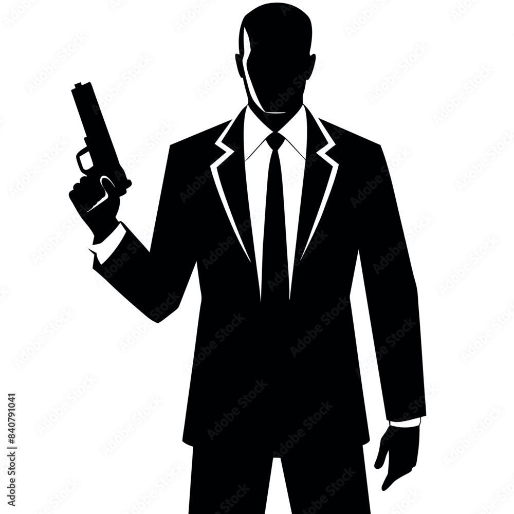 depicting a man in a suit pointing a gun in a front view perspective vector silhouette depicting a man in a suit pointing a gun in a front view perspective vector silhouette