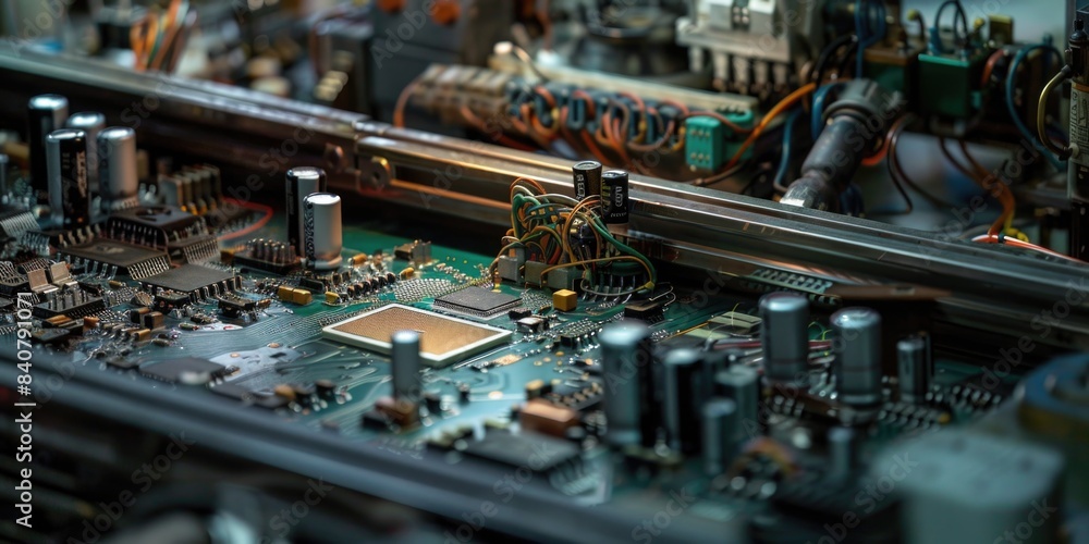 A detailed shot of a computer motherboard's components and circuitry A detailed shot of a computer motherboard's components and circuitry