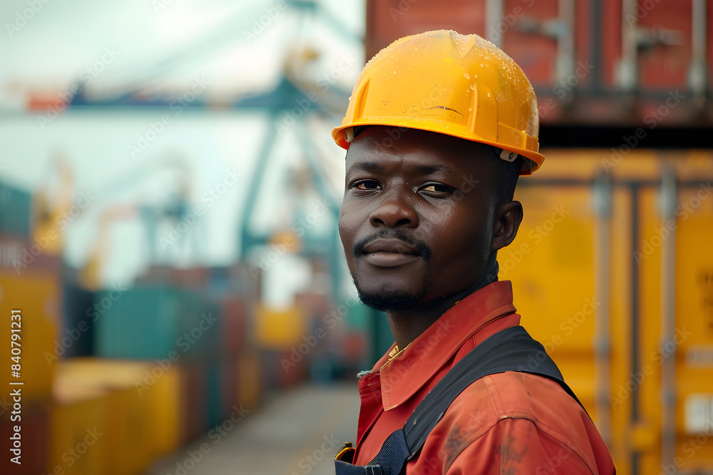 Man in Hard Hat at Shipping Containers. Generative AI Man in Hard Hat at Shipping Containers. Generative AI