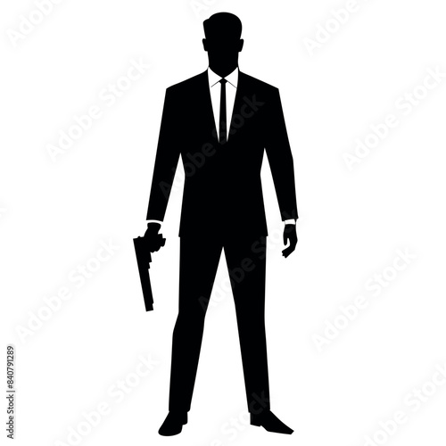 depicting a man in a suit pointing a gun in a front view perspective vector silhouette