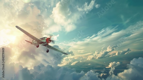Fototapeta Naklejka Na Ścianę i Meble -  A small plane soaring through a cloudy sky with puffy white clouds