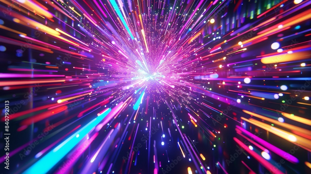 Fototapeta premium Neon lines converge in psychedelic 3d explosion, isolated flying objects, memphis style 3d render