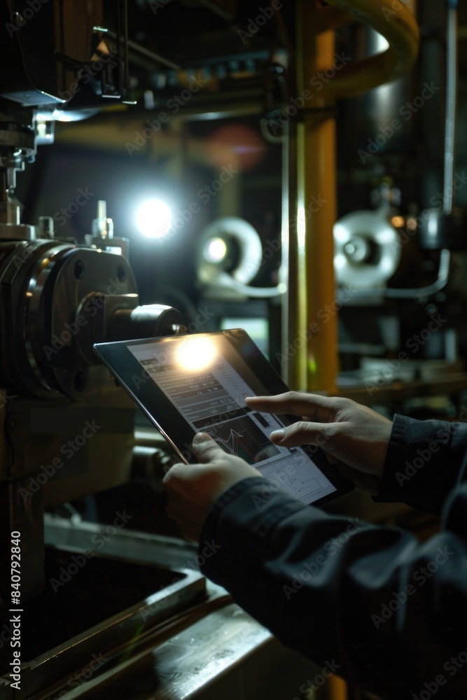 Factory worker using tablet computer for work purposes Factory worker using tablet computer for work purposes