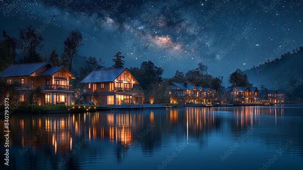 Fototapeta premium Illuminated riverfront houses in a historical setting under a starlit sky reflect vibrant life