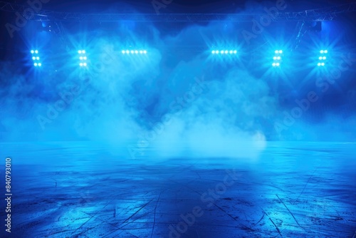 A scene with a stage lit up by blue lights  surrounded by smoke