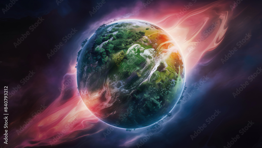 A stunning 3D render of a lush, green planet surrounded by a vibrant, swirling cosmic background. A stunning 3D render of a lush, green planet surrounded by a vibrant, swirling cosmic background.
