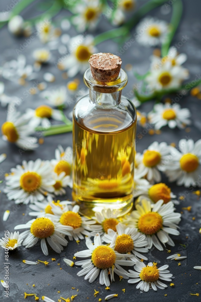 A bottle of chamomile oil surrounded by flowers, suitable for use in wellness, spa, or herbal remedies A bottle of chamomile oil surrounded by flowers, suitable for use in wellness, spa, or herbal remedies