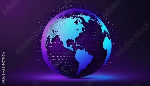 Digital technology background with blue gradient and digital world globe made of dots on dark purple background, data transfer concept, diigital illustration created with generative ai.  