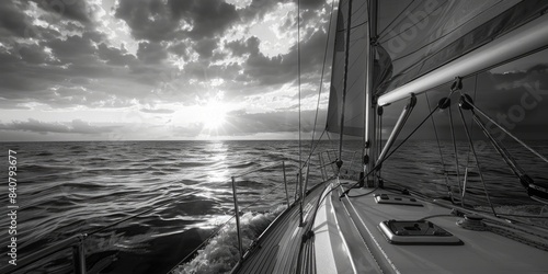 A black and white photograph of a sailboat sailing on the ocean