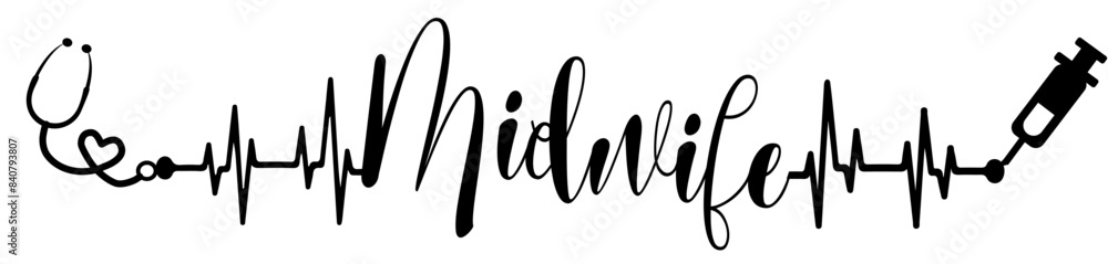 Fototapeta premium midwife - black color - name written - heartbeat, electrocardiogram, love - for websites,, presentations, greetings, banners, cards,, t-shirt, sweatshirt, prints, cricut, silhouette, sublimation 