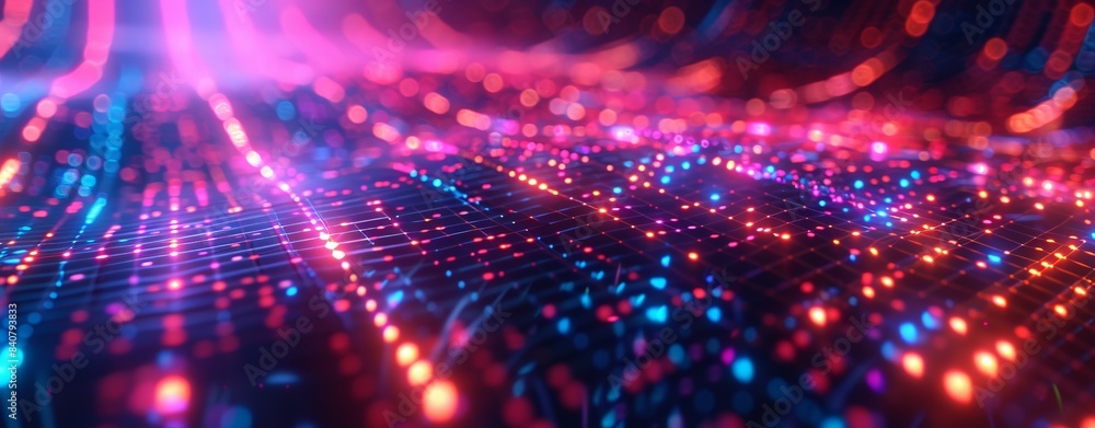 Abstract digital landscape, glowing particles and lines symbolizing data transfer in cyberspace, ideal for tech, AI, and graphics themes. Abstract digital landscape, glowing particles and lines symbolizing data transfer in cyberspace, ideal for tech, AI, and graphics themes.