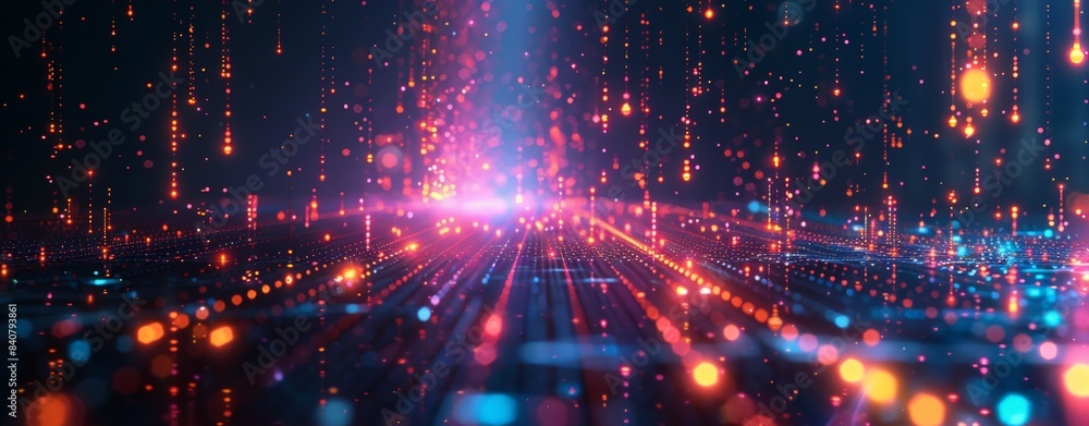 Abstract digital landscape, glowing particles and lines symbolizing data transfer in cyberspace, ideal for tech, AI, and graphics themes. Abstract digital landscape, glowing particles and lines symbolizing data transfer in cyberspace, ideal for tech, AI, and graphics themes.