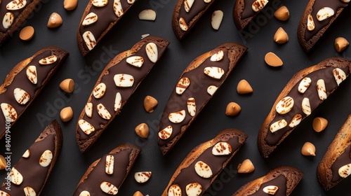 Pattern with Italian traditional cookie cantucci with chocolate, top down view image  photo