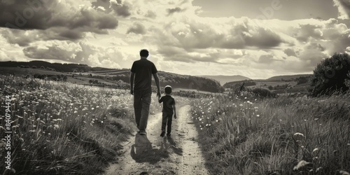 A father-son duo strolling along a rural path, with the son holding his dad's hand