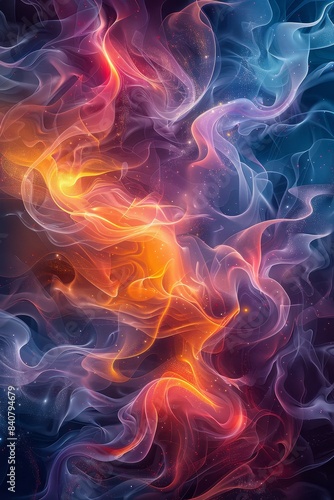 Abstract Digital Artwork of Orange, Red, and Blue Smoke