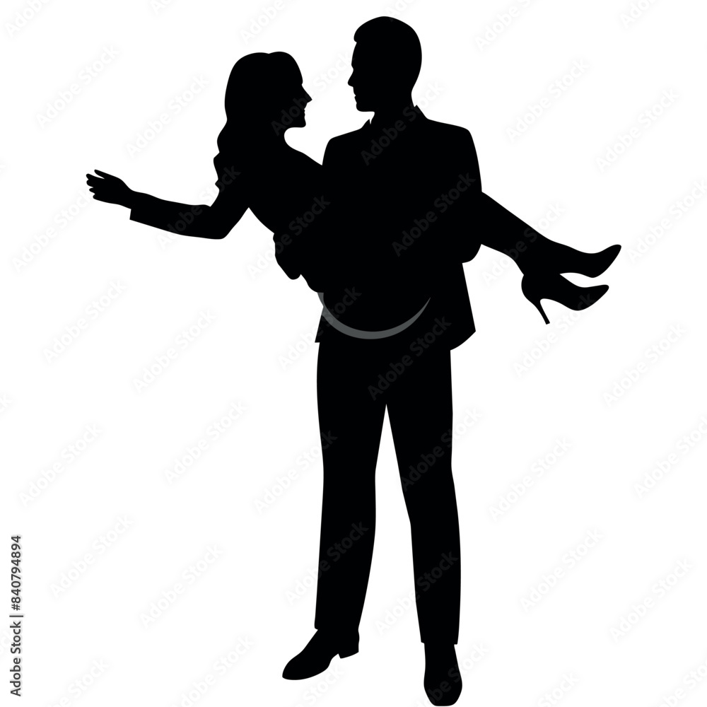 Man carries woman in his arms flat style vector silhouette, white background