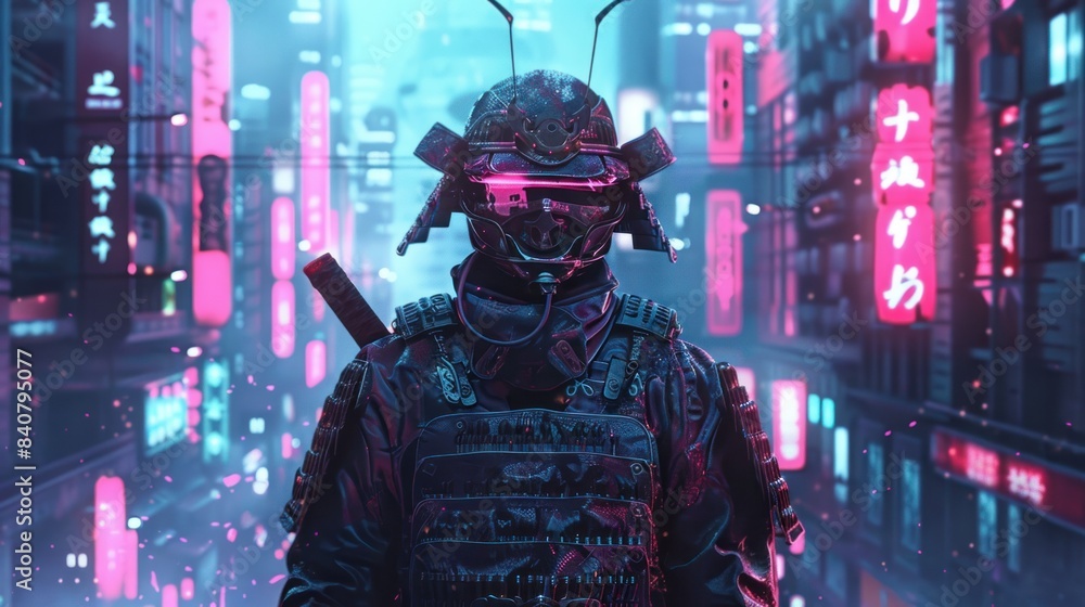 a close-up look at a traditional and futuristic cyberpunk samurai ninja. Ai generated image a close-up look at a traditional and futuristic cyberpunk samurai ninja. Ai generated image