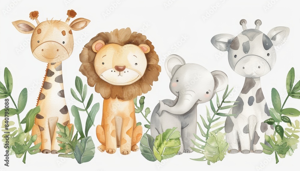 Obraz premium Watercolor cartoon of baby jungle animals in greenery. Concept of cute wildlife by AI generated image