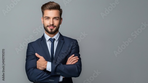 Portrait of confident cool business man cross his hand feel content ready solve decide solution wear classy suit isolated over grey color background  photo