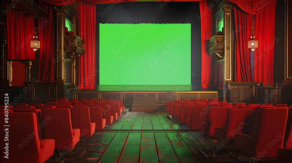 Fototapeta premium Chroma green screen of cinema movie theatre with realistic red rows of seats and chairs with empty copy space background. Movie premiere and Entertainment concept
